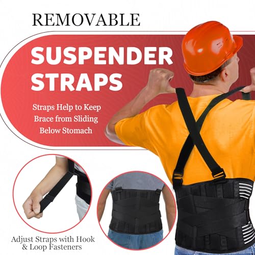 Work Back Brace with Removable Suspender Straps, Lumbar Posture Corrector for Heavy Lifting Safety Protector, Back Support Belt for Men Women in Moving, Construction and Warehouse Jobs Large