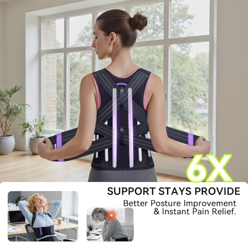 2025 New Posture Corrector for Women & Men, [Enhanced Support & Breathable Mesh] Upgraded Back Brace, Adjustable Shoulder Straightener for Neck Back Pain Relief, Scoliosis Improvement(Black Purple,M)