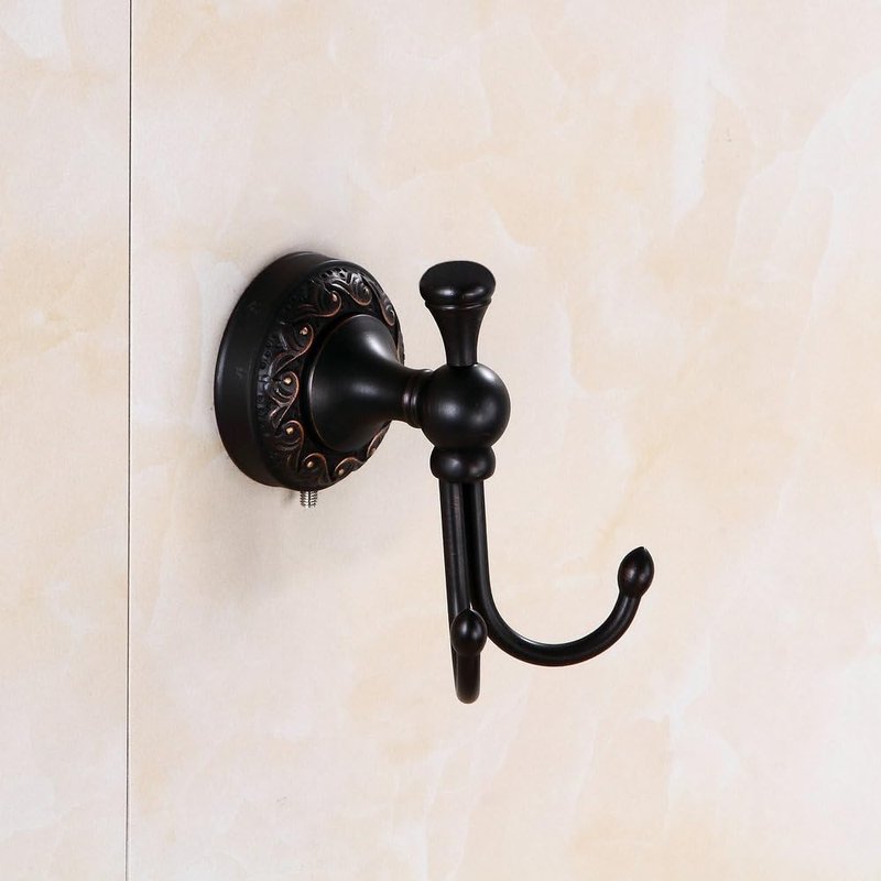 Kelelife Antique Brass Towel Hook, Screw-Mounted Shower Wall Hook, Wall-Mounted Bathroom Hook for Hanging Clothes & Robes, Vintage Oil Rubbed Copper Brass Carving Series Long-Handle Double Hook