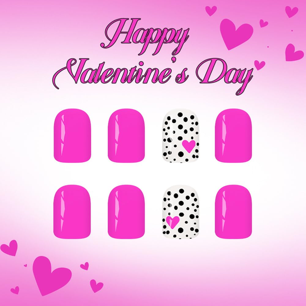 Valentine’s Day Press on Nails Short Square Fake Nails with Rose Red Heart Black Polka Dots Designs Pink Nails Press ons Glossy Glue on Nail Acrylic Nails Full Cover Stick on Nail for Women 24Pcs