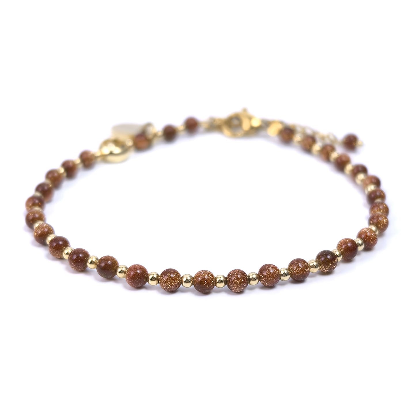 Morchic 3mm Goldstone Natural Gemstone Beaded Bracelet for Women, Dainty Tiny Charm Jewelry, Adjustable 7.1-8.6", Ideal Birthday Holiday Gift