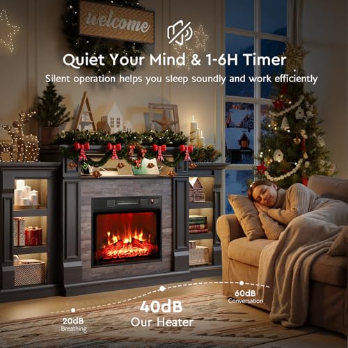 72" LED Fireplace TV Stand with Outlet, Electric Fireplace with Mantel for TVs Up to 80 Inch, Entertainment Center with Storage, Fireplace Heater Insert with 3D Flame Effect for Living Room, Black