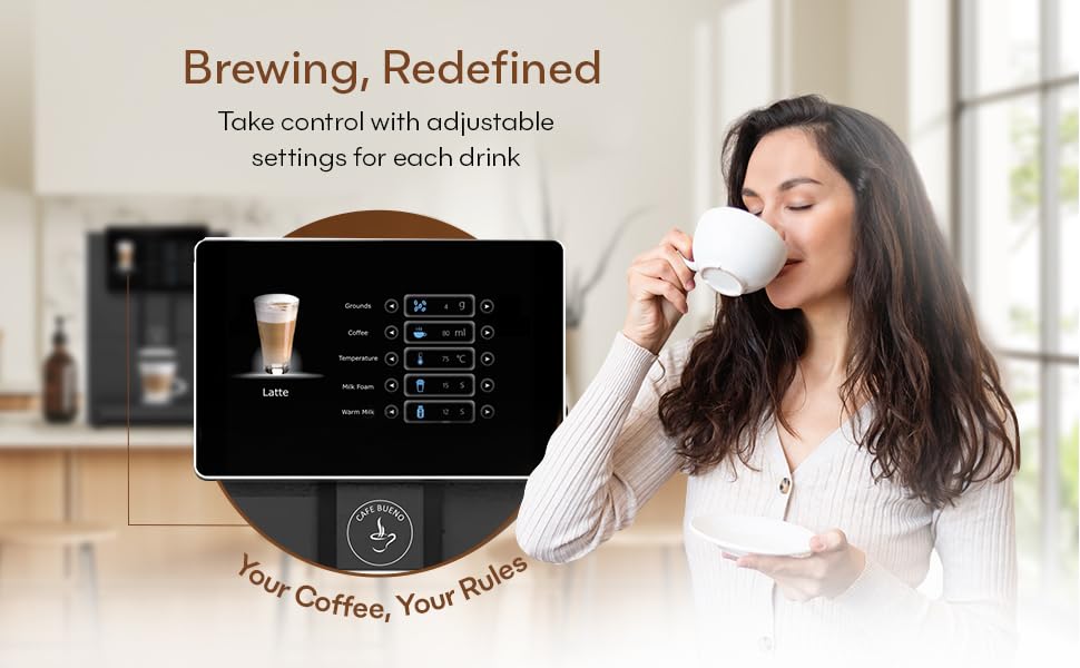 Cafe Bueno Super Automatic Espresso Machine For Home - Coffee Machine With Grinder & Milk Frother For Latte, Cappuccino, Macchiato - Auto Wake & Sleep – All Milk Types