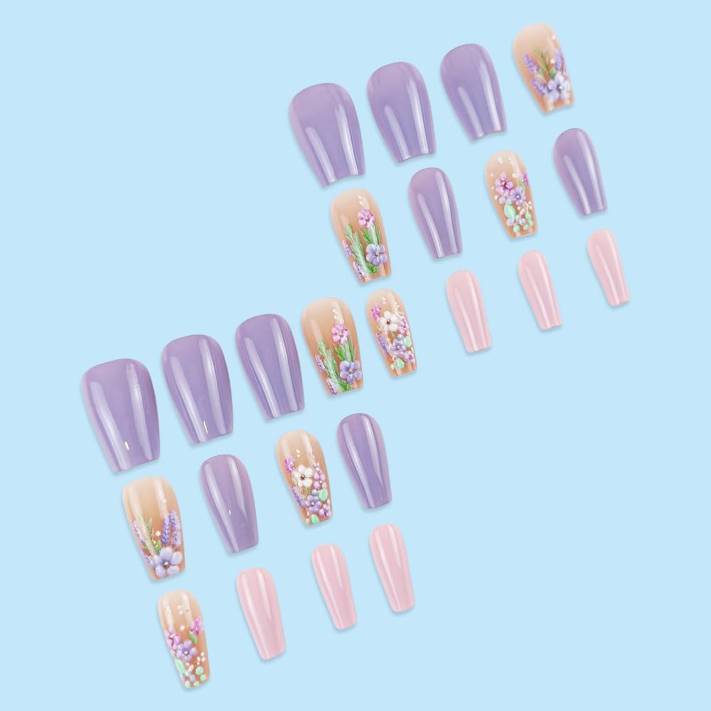 Spring Purple Floral French Press on Nails Medium Ballet Fake Nails 3D Floral False Nails with Purple and Pink Design Glossy Spring Stick on Nails for Women Girls Manicure Decoration 24 pcs