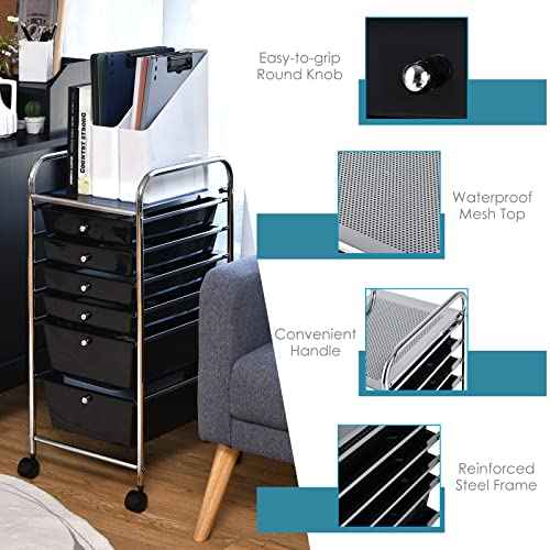 6-Drawer Rolling Storage Cart, Multifunctional Storage Organizer Cart with Wheels, Mobile Utility Cart for Home Office Garage Tools (Black)