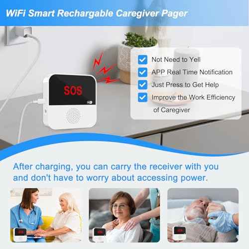 SanJie WiFi Rechargeable Care Alert System - Emergency Call Button & Caregiver Pager for Seniors/Elderly/Patients, 1 Watch + 1 Receiver, 2.4GHz WiFi Support (Home Use)