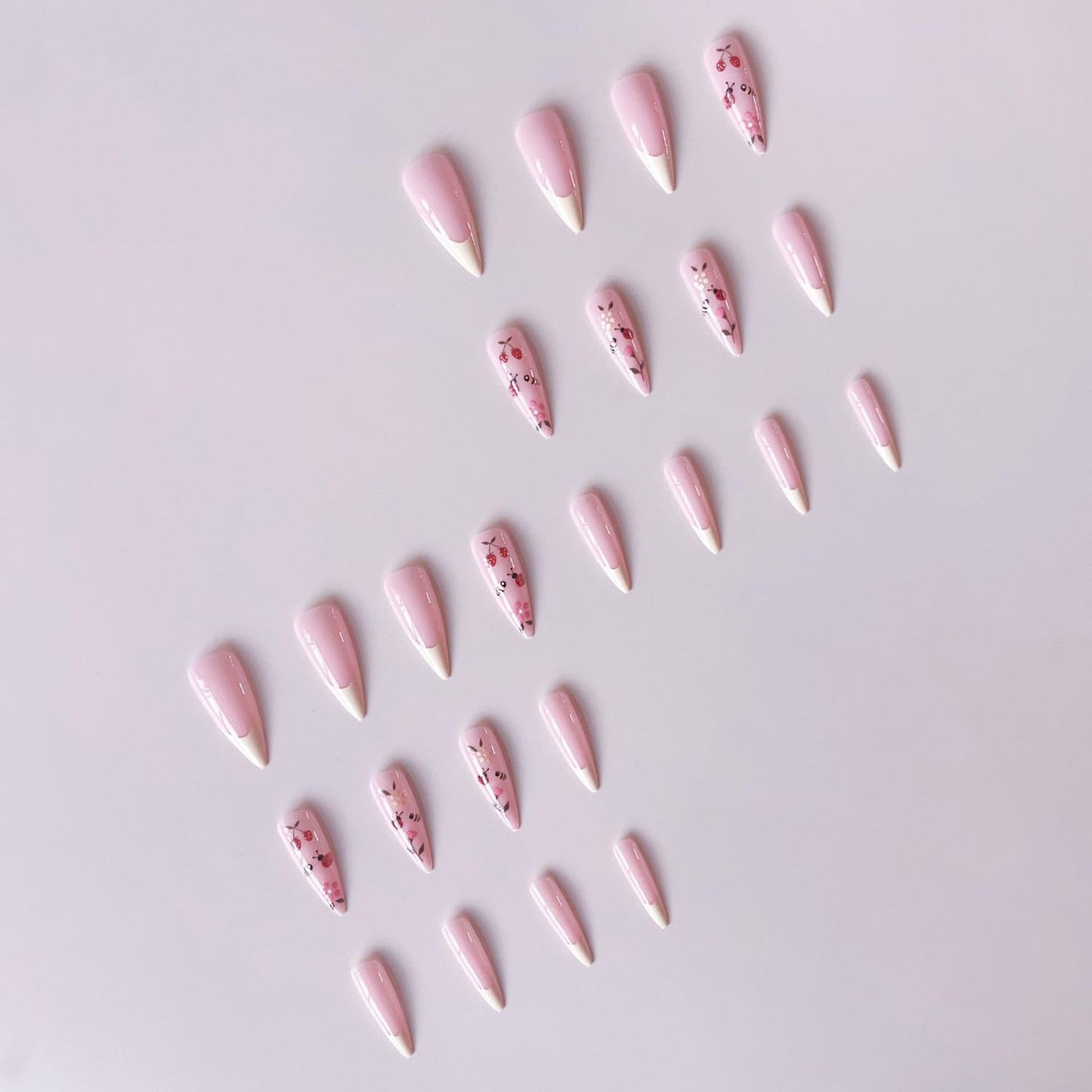 Stiletto Press On Nails Long Fake Nails Flower With Strawberry Design French Tip False Nails Full Cover Nude Pink Acrylic Nail Artificial Glossy Cute Stick On Nail For Women 24pcs