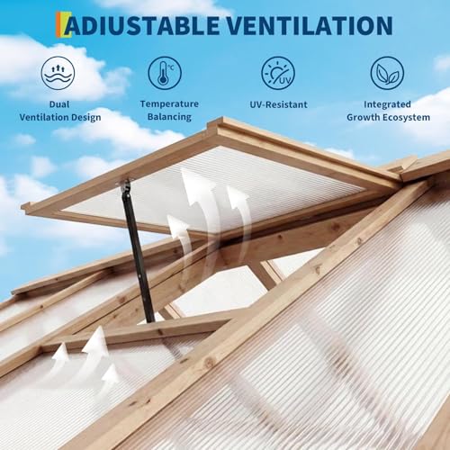 8X14 ft Outdoor Wooden Greenhouse with Lockable Door, Adjustable Roof Vent & Polycarbonate Panels, UV Protection, Large Cedar Wood Walk-in Green House for Garden, Backyard, Patio, Lawn, Light Brown