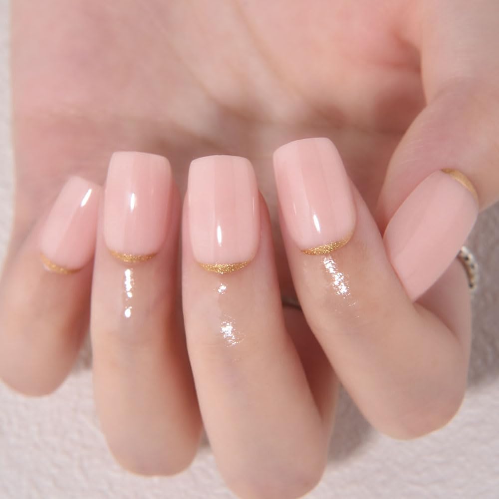 evpct Nude Pink French Press on Nails Short Square, Short Gold Foil Stick on Nails for Women Gift,Nude Pink Glossy Fake Nail Reusable Soft Gel Press on Acrylic Fake Nail kit with Gold Line Design