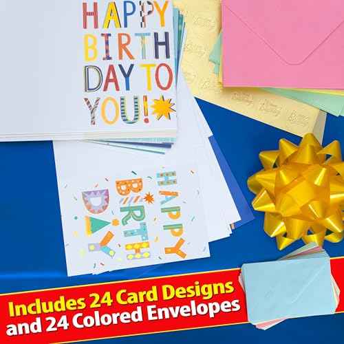24 Pack Assorted Birthday Cards with Gold Foil, Messages, Envelopes, and Stickers | 4x6 Inch Happy Birthday Cards Bulk for Family, Kids, Friends, Work, and Office Celebrations.