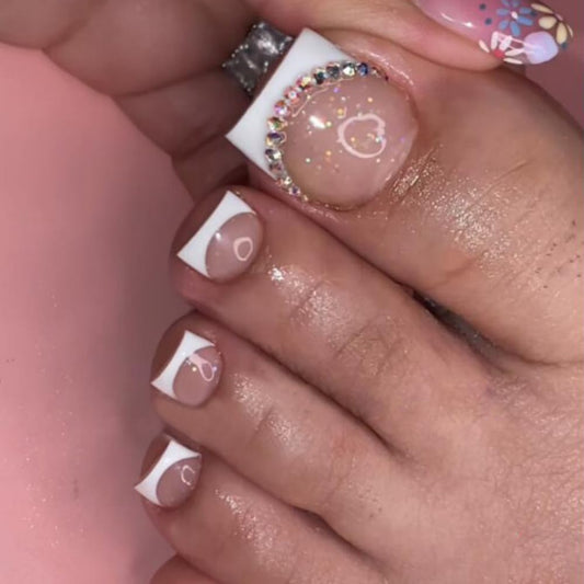 French Tip Press on Toenails Short Suqare Fake on Toe Nails Rhinestones False on Toenails Glossy Acrylic Toe Nails Glitter Full Cover Stick on Nails for Wome