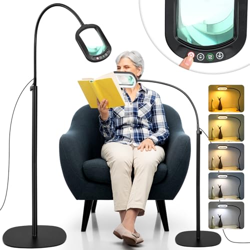10X Rectangular Magnifying Glass with Light and Stand, 24" Flexible Gooseneck Floor Lamp, 3-in-1 LED 5 Color Modes, Brightness Stepless Dimmable Lighted Magnifier Hands Free for Craft, Hobby, Reading