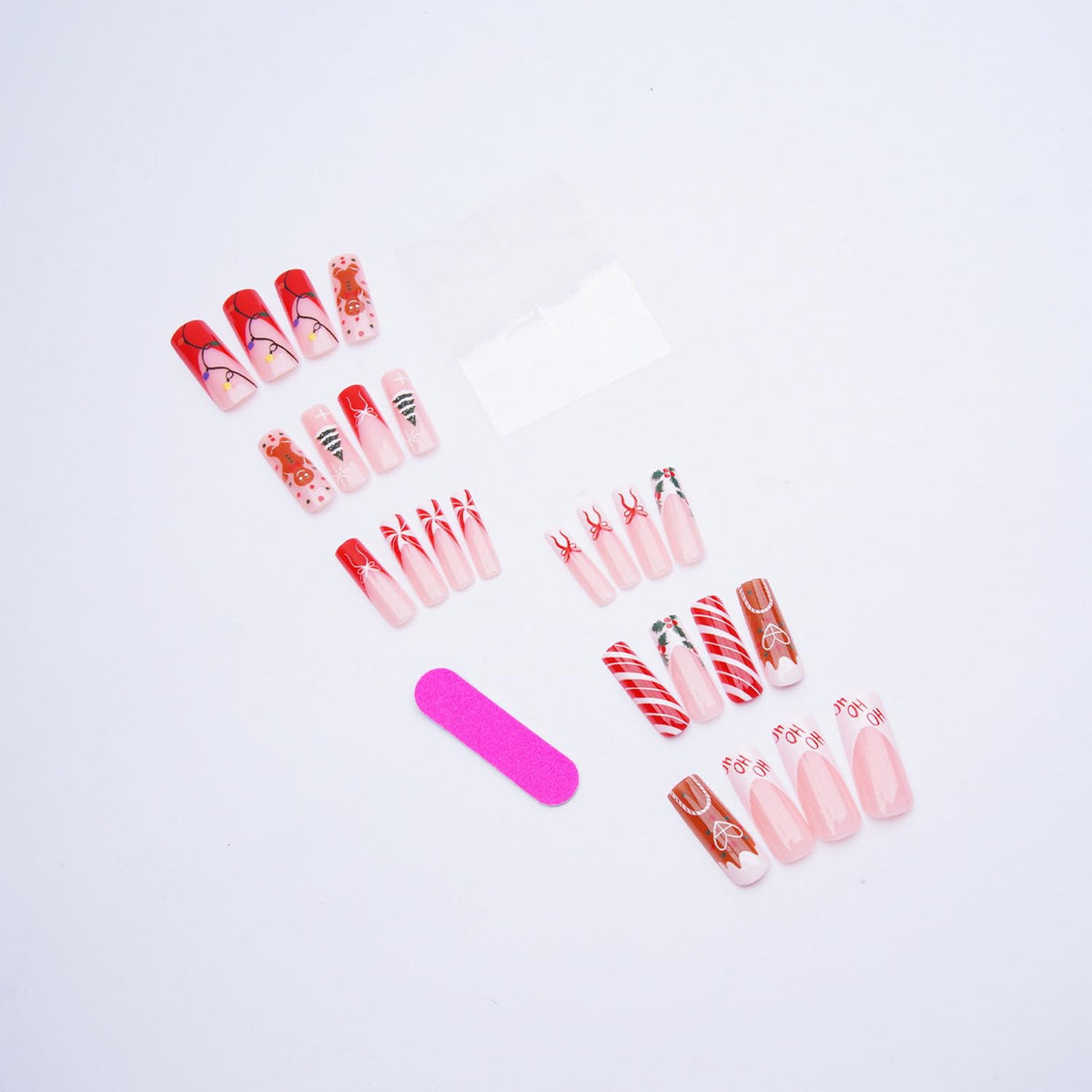 24PcsChristmas Press on Nail Long Square Red French Tip Fake Nails Holiday False Nails with Snowflake Christmas Tree Gingerbread Man Stripe Design Xmas Glue on Nails Full Cover Acrylic Nail for Women