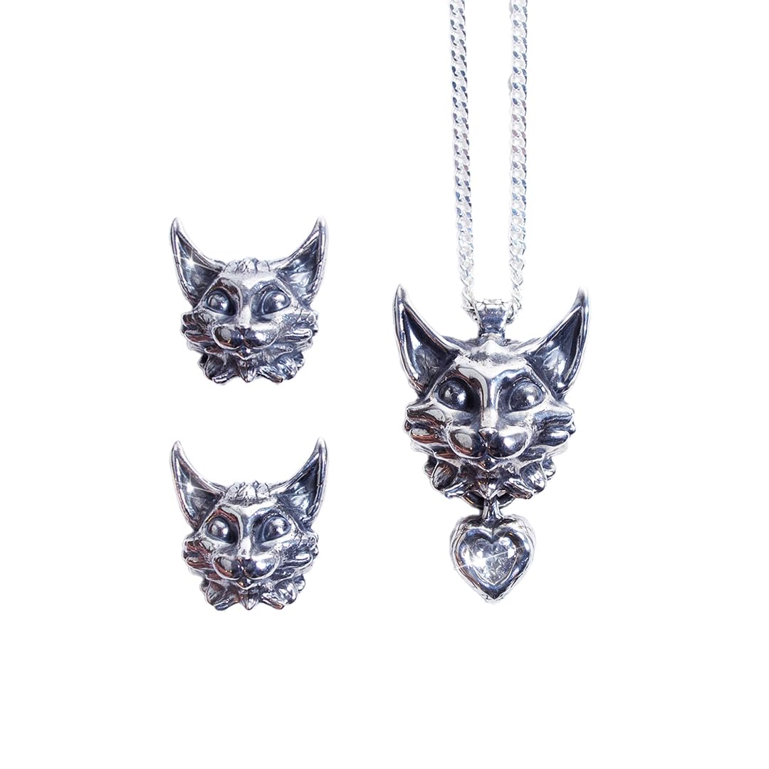 IlustrAriane Sterling Silver Cat Necklace and Earrings Set with Heart Zirconia – Matching Jewelry Gift for Cat Lovers