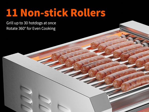 1670W Commercial Hot Dog Rollers,11 Rollers 30 Hotdog Roller Grill,Stainless Steel Hot Dog Machine with Dust Cover,Hot Dog Roller Machine with Dual Temp Control and Led Light (Red)