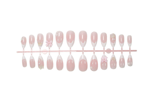 plalely Almond Press on Nails Medium White Fake NailPink Bows and Clear Butterfly Acrylic Nail Press ons Stick on Nails for Women 24pcs