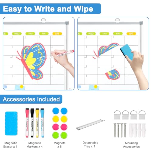 Dry Erase Calendar Whiteboard for Wall, WALGLASS 36" x 24" Magnetic White Board, Monthly Dry Erase Calendar with Silver Aluminum Frame, Double-Sided Hanging Portable Board for Office, Home, School
