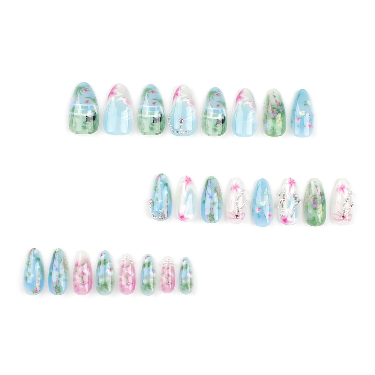 24Pcs Handmade Press on Nails Medium Almond Fake Nails Green Pink Flower Cute Cat Full Cover Glue on Nails Rhinestones Charms Glitter Designs Spring Summer False Nails for Women Girls Acrylic Nails