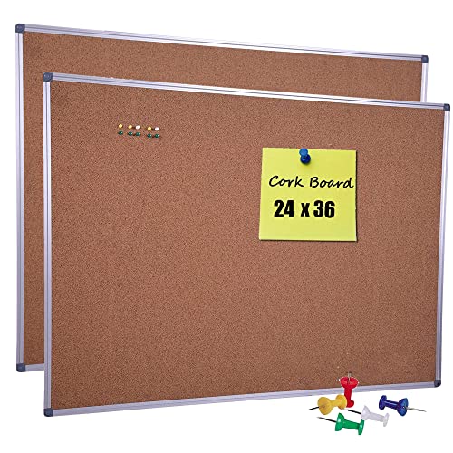 2-Pack 36 x 24 Inch Cork Board Bulletin Notice Board Message Memo Pin Board for Home Office School, Silver Aluminum Frame