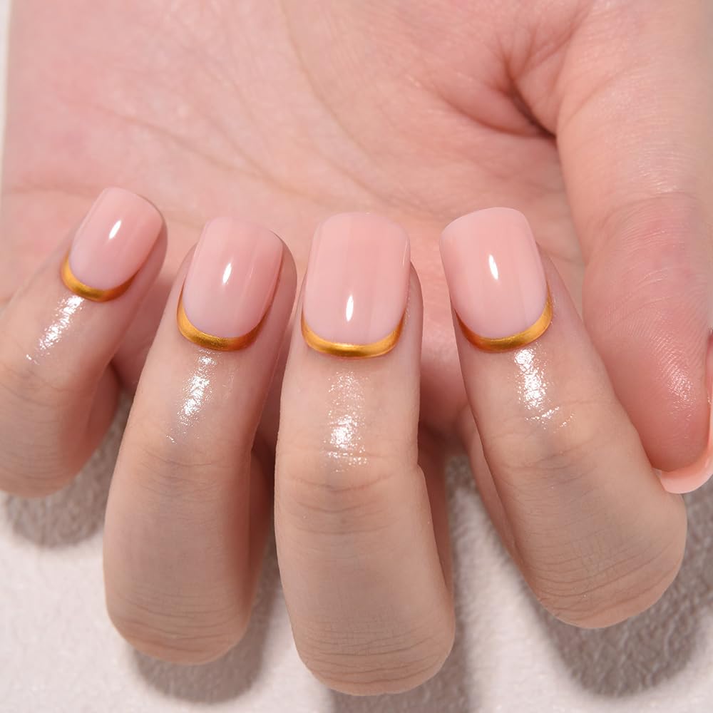 evpct Nude Glossy Press on Nails Short Square with 3D Gold Line, Glossy Ndue Fake Nails Reusable Acrylic False Nail Stick on Press ons for Women Gifts, Perfectly Fit False Nail Kit Gel 30Pcs