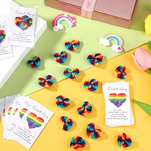 300 Sets Pocket Hug Gift Bulk Rainbow Party Favor Emotional Cheer Support Pride Gift Cute Hand Crocheted Pocket Hug Heart Inspirational Card and Bags Christmas Party Favor for Family Friends
