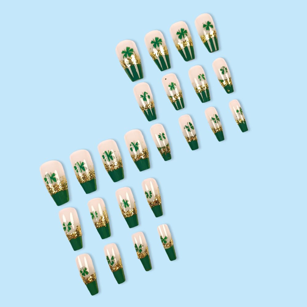 Gold Four-Leaf Clover Press on Nails Medium Square Fake Nails St. Patrick's Day False Nails Glitter Green French Acrylic Glue on Nails Stick on for Women Irish Holiday Manicure Decoration 24Pcs