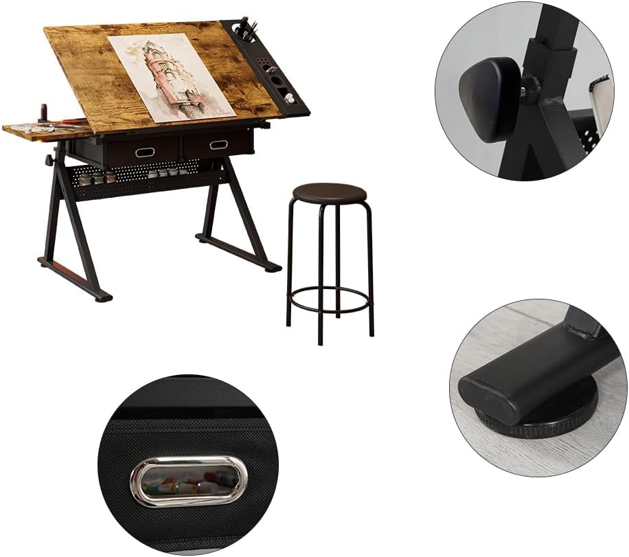 Garvee Height Adjustable Drafting Table, 0-75°Tilting Drawing Desk Artist Table w/Stool, Multifunctional Art Craft Workstation with 2 Storage Drawers for Home Office Reading, Writing, Crafting