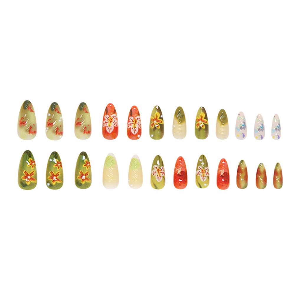 24 Pcs Retro Green Press on Nails Short Almond,MINGCHUN Fall Fake Nails Press ons Acrylic Nail Art Tips Kit Full Cover False Nails Glue on Nails with Flowers 3D Texture Design for Women Nail Supplies