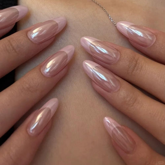FJSMTOPl French Tip Press on Nails - Pink Fake Nails Press ons - Almond Chrome False Nails - Medium Glue on Nails - Cute Acrylic Stick on Nail for Women Nail Manicure 24Pcs