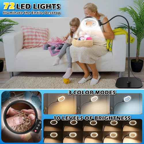 30X 10X Large Floor Magnifying Glass with Light and Stand,72 LED Flexible Gooseneck Floor Magnifying Lamp,2 in 1 Lighted Magnifiers for Close Work, Sewing,Crafts,Hobbies£¨Black£©