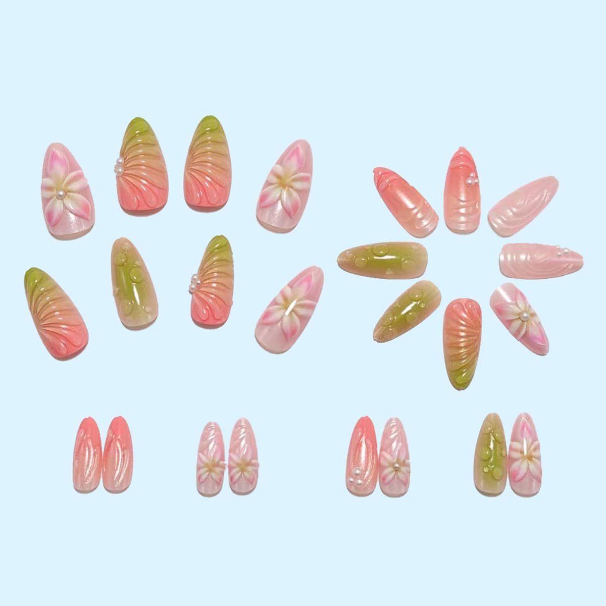 24Pcs Flower Press on Nails Almond Medium Fake Nails Gradient Pink Full Cover False Nails 3D Pearls Flower Glue on Nails Green Spring Summer Stick on Nails Cute Acrylic Nails for Women DIY Manicure