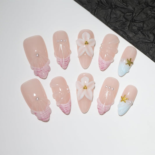 10Pcs Medium Almond Handmade Press On Nails | Easy Apply & Remove, Reusable Salon Quality Nails | Sheer Nude Beach Themed Fake Nails with 3D Seashell & Floral Accents (A022, XS)