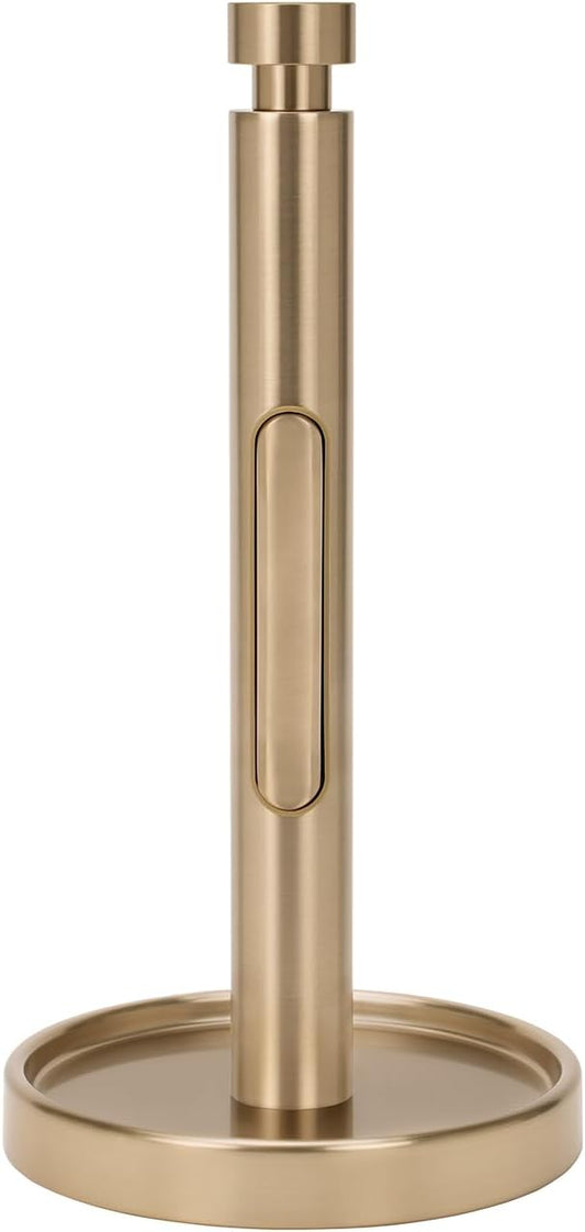 Ivilon Countertop Paper Towel Holder - Weighted Heavy Duty Steel Stand with Non-Slip Base for a Steady One-Handed One Sheet Tear - Fits All Rolls - Warm Gold