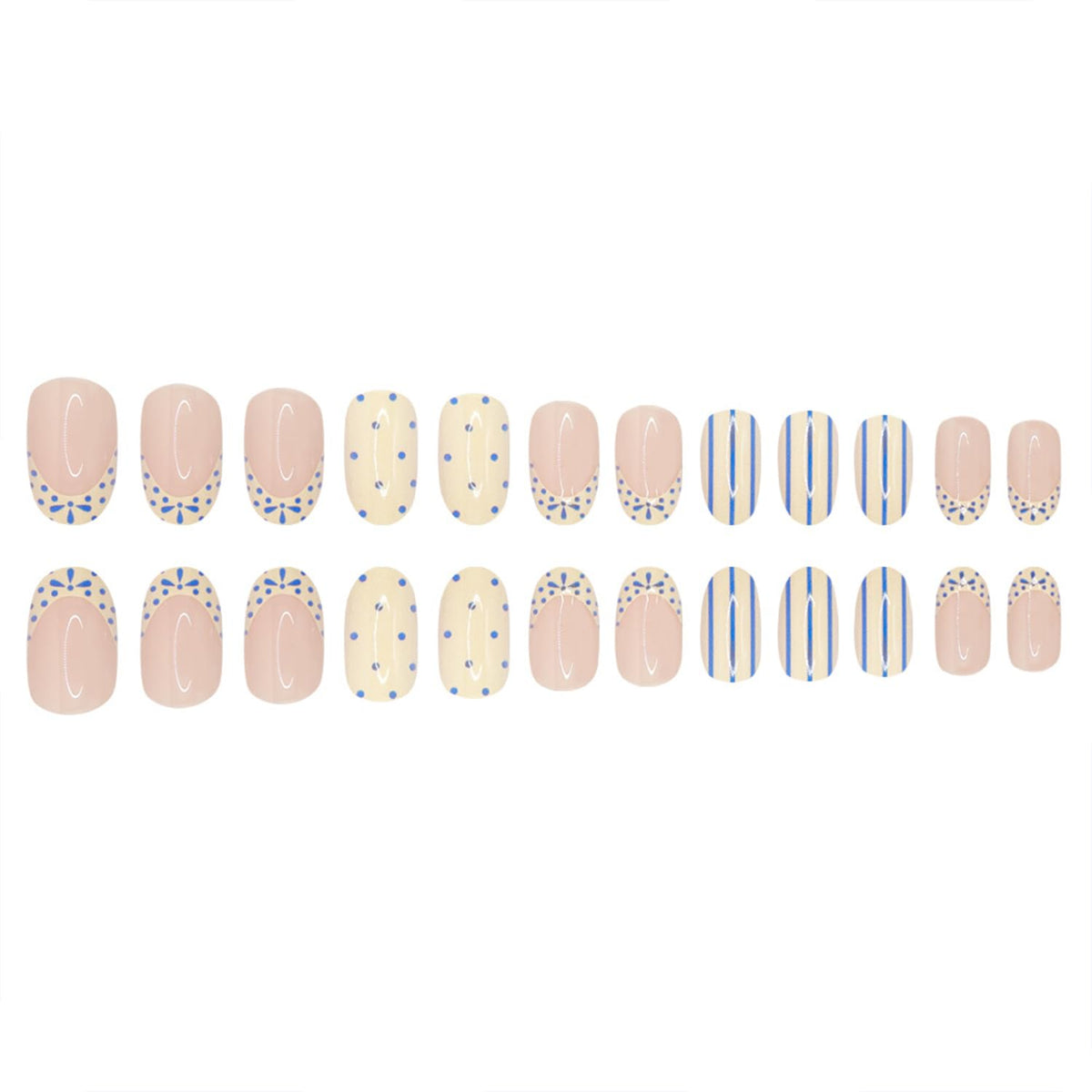 White French Tip Press on Nails Short Almond Fake Nails witn Blue Polka Dot Stripe Design Spring Summer False Nails Press ons Glossy Full Cover Glue on Nails for Women Girls Manicure Decorations