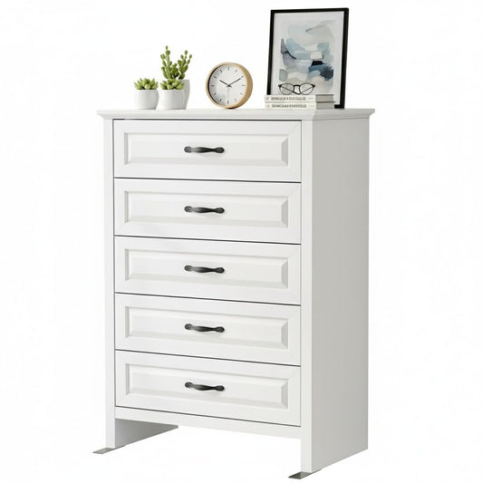 Marsail Farmhouse 5 Drawer Dresser, Wood Chest of Drawers with Natural Texture, Smooth Gliding Drawers, Versatile Storage Organizer Cabinet for Bedroom & Living Room, White