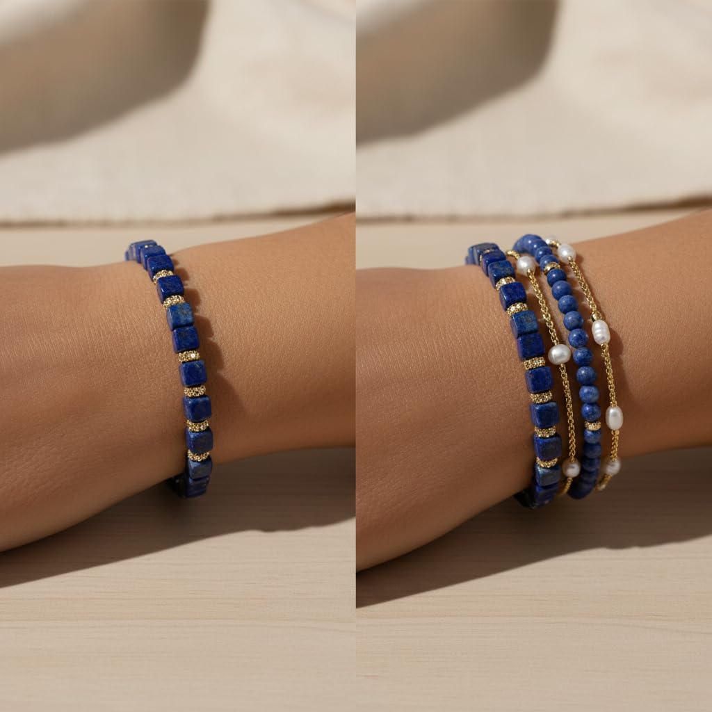 Lapis Lazuli Healing Bracelet – Real Crystal Beads for Stress Relief, Meditation & Chakra Balance – Natural Gemstone Jewelry Gift for Women & Men, Adjustable with Gift Box (6mm Cube Gold Accent)