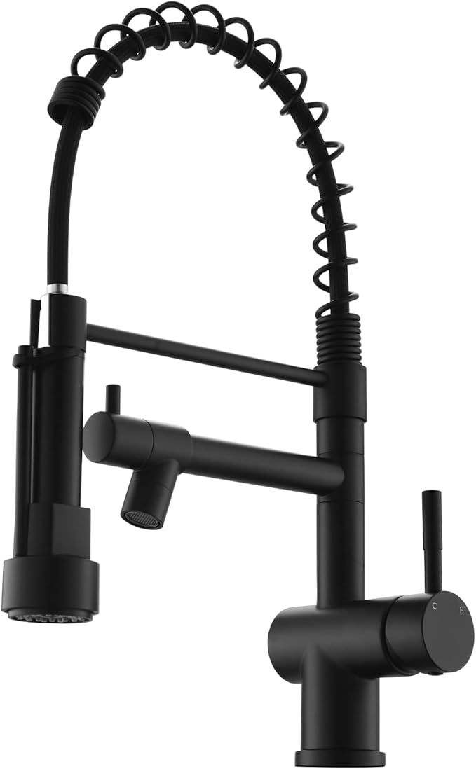 VFAUOSIT Commercial Spring Pull Down Kitchen Faucet with Dual Outlets â Matte Black 360Â° Rotating Lower Spout + High Pressure Sprayer, Single Handle Lever Stainless Steel for RV Farmhouse Sink