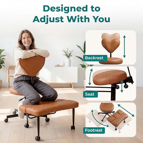 NYPOT Active Sitting Office Chair — Ergonomic Multi-Position Seat (Cross-Legged, Kneeling & Perch) with Adjustable Knee Rest, Back Support, Wheels & 360° Swivel (Brown)