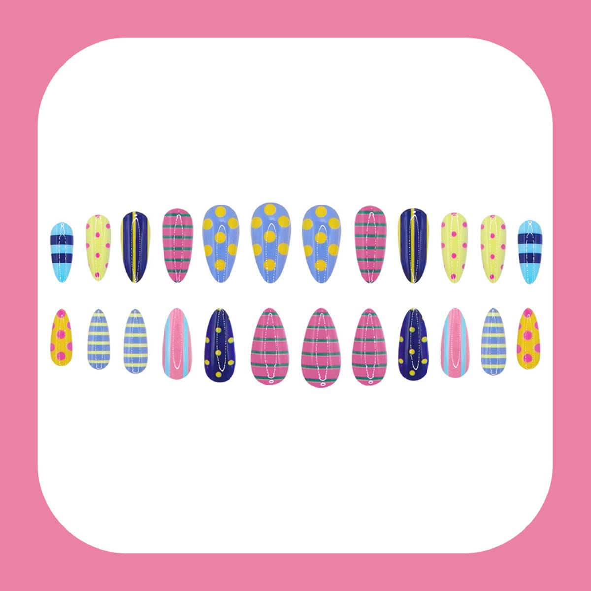 Colorful Press on Nails Medium Almond, Cute Summer Fake Nails with Stripe & Polka Dot Design, Cute Acrylic Nails Press ons Reusable Full Cover Glue on Nails for Women Girls Manicure 24Pcs