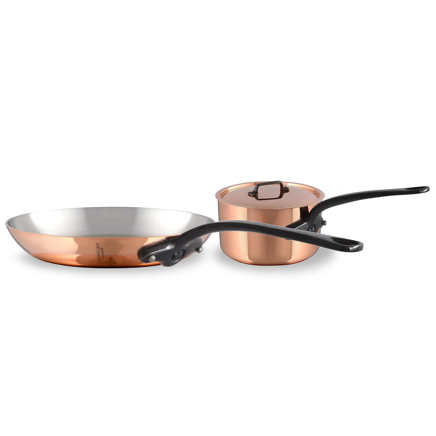 Mauviel M'Heritage 150 CI 1.5mm Polished Copper & Stainless Steel DeLuxe 3-Piece Cookware Set, With Sauce Pan With Lid, 1.2-Qt and Frying Pan 7.8-In, Cast Iron Handles, Made in France