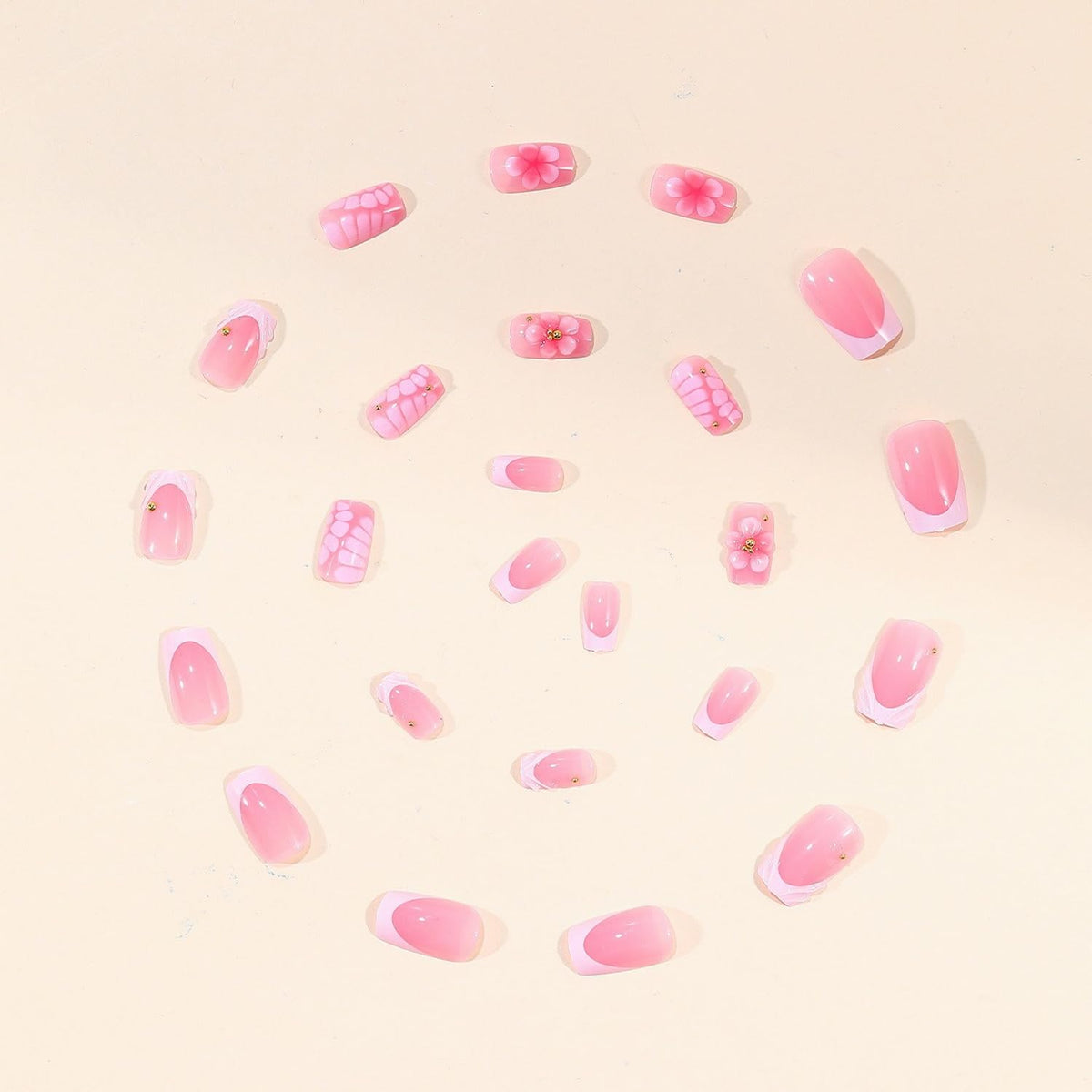 White French Tip Press on Nails Medium Square 3D Pink Flower Pattern Fake Nails with Gold Bead Accents Glossy Full Cover False Nails for Women Daily & Party Nail Art 24Pcs Set Reusable