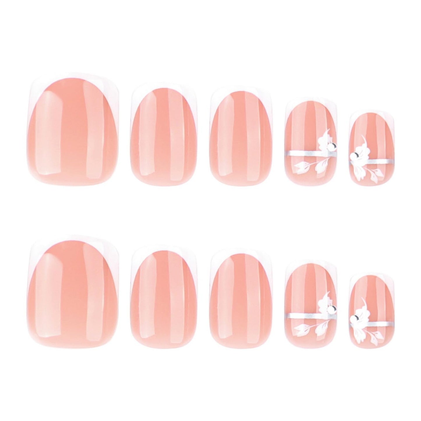 White French Tip Press on Nails Short Square MABKJLF Flower Fake Nails False Nails with Silver Lines Floral Designs Full Cover Glossy Glue on Nails Acrylic Nails for Women Girls 24Pcs