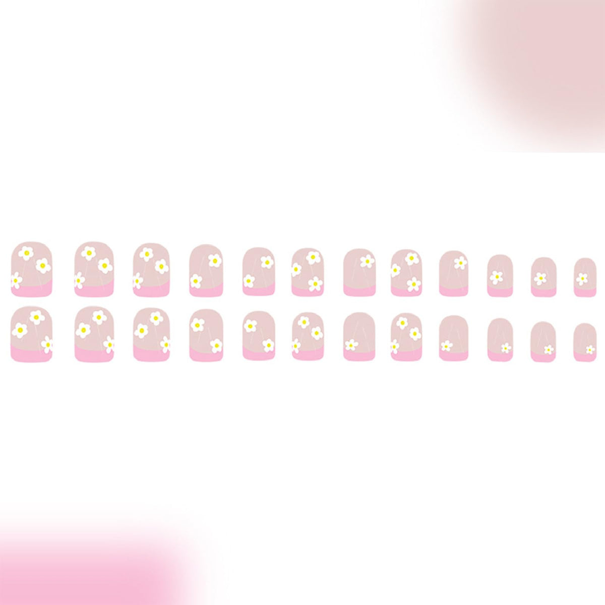 Pink French Tip Press Nails Short Square False Nails Yellow Daisy Flowers French Tip Design Cute Floral Artificial Nails for Women Girls Nail Art Decoration 24pcs