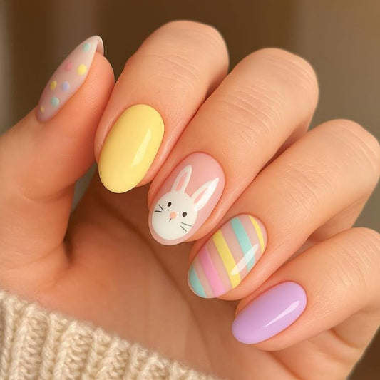 Spring Easter Press on Nails Short Round Fake Nails Cute rabbit Colorful Stripes False Nails Polka Dot Rabbit Acrylic Stick on for Women Girls Easter Manicure Decoration 24Pcs