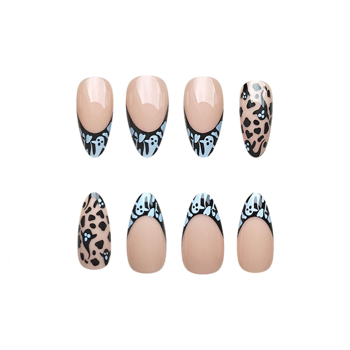 24Pcs Halloween Black Ghost Press on Nails Almond Medium Halloween Fake Nails with Design French Tip Glue on Nails Glossy Full Cover Artificial Nail Reusable Halloween Stick on Nail for Women Manicure