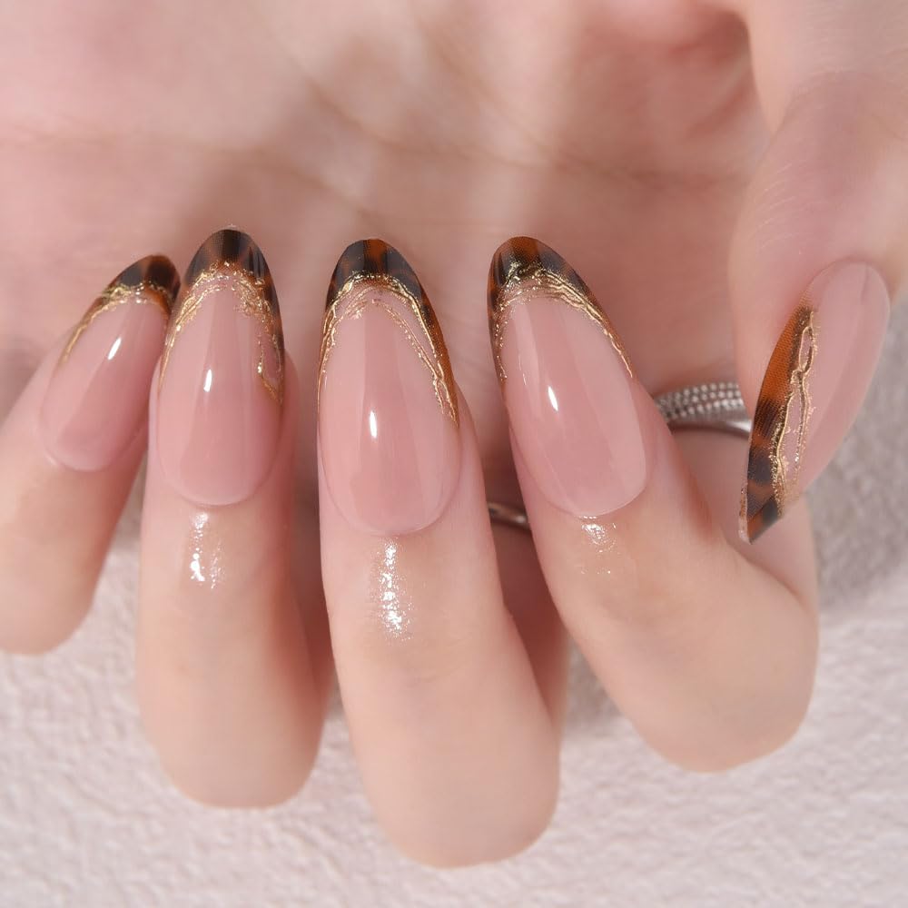 evpct Nude Glitter Press on Nails Short Almond with 3D Gold Line, Sexy French Tip Stick on Nail for Women, Reusable Full Cover Soft Gel Press on Fake Nail with Gold Line Design Perfectly Fit