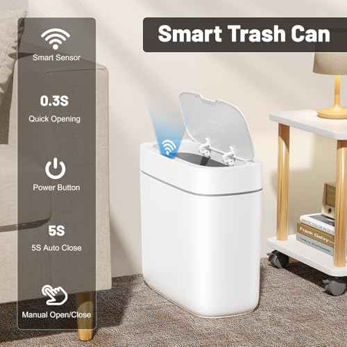 MOPALL Bathroom Trash Can with Lid, 3.5 Gallon Automatic Motion Sensor Garbage Can, Waterproof Touchless Smart Trash Can Small Waste Basket for Kitchen Bedroom Office