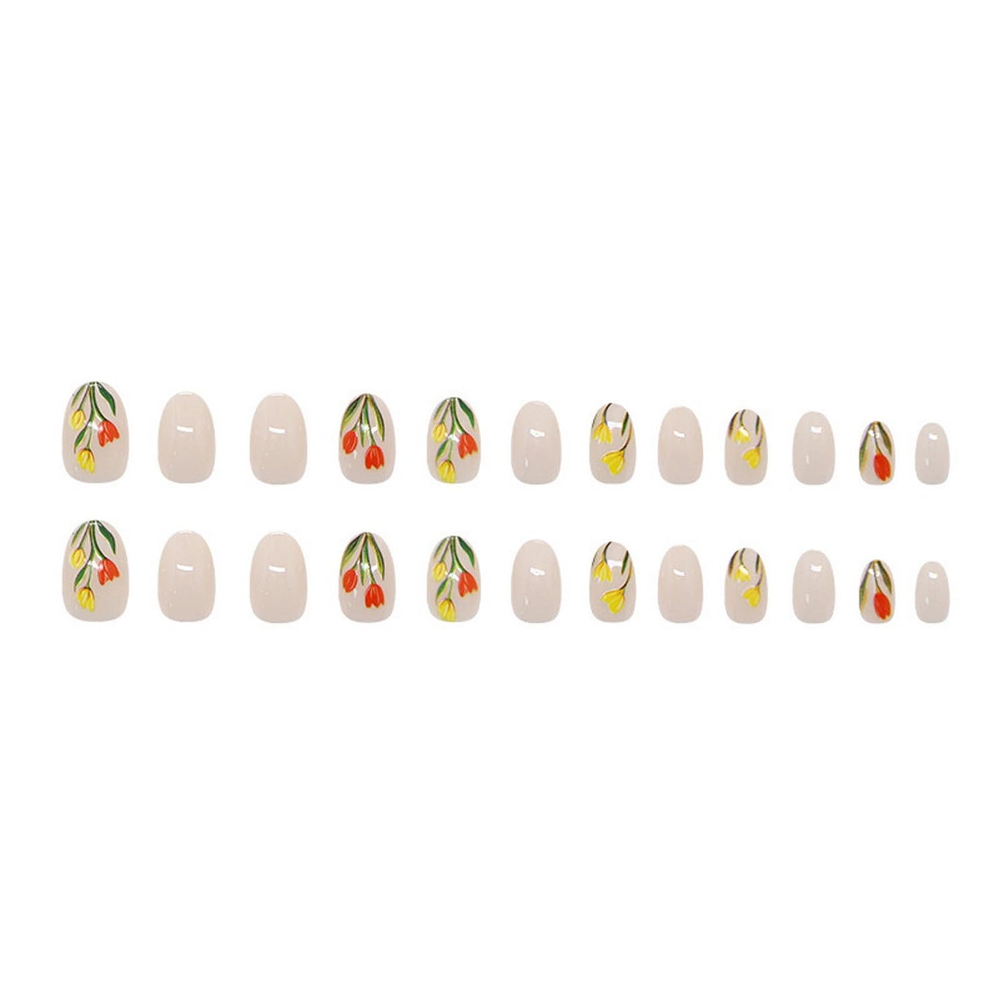 24pcs Flower Press on Nail Short Almond Fake Nails with Tulip designs Stick on Nail Full Cover Nude Press one Glossy Reusable Glue on Nails for Women Spring Summer False Nails