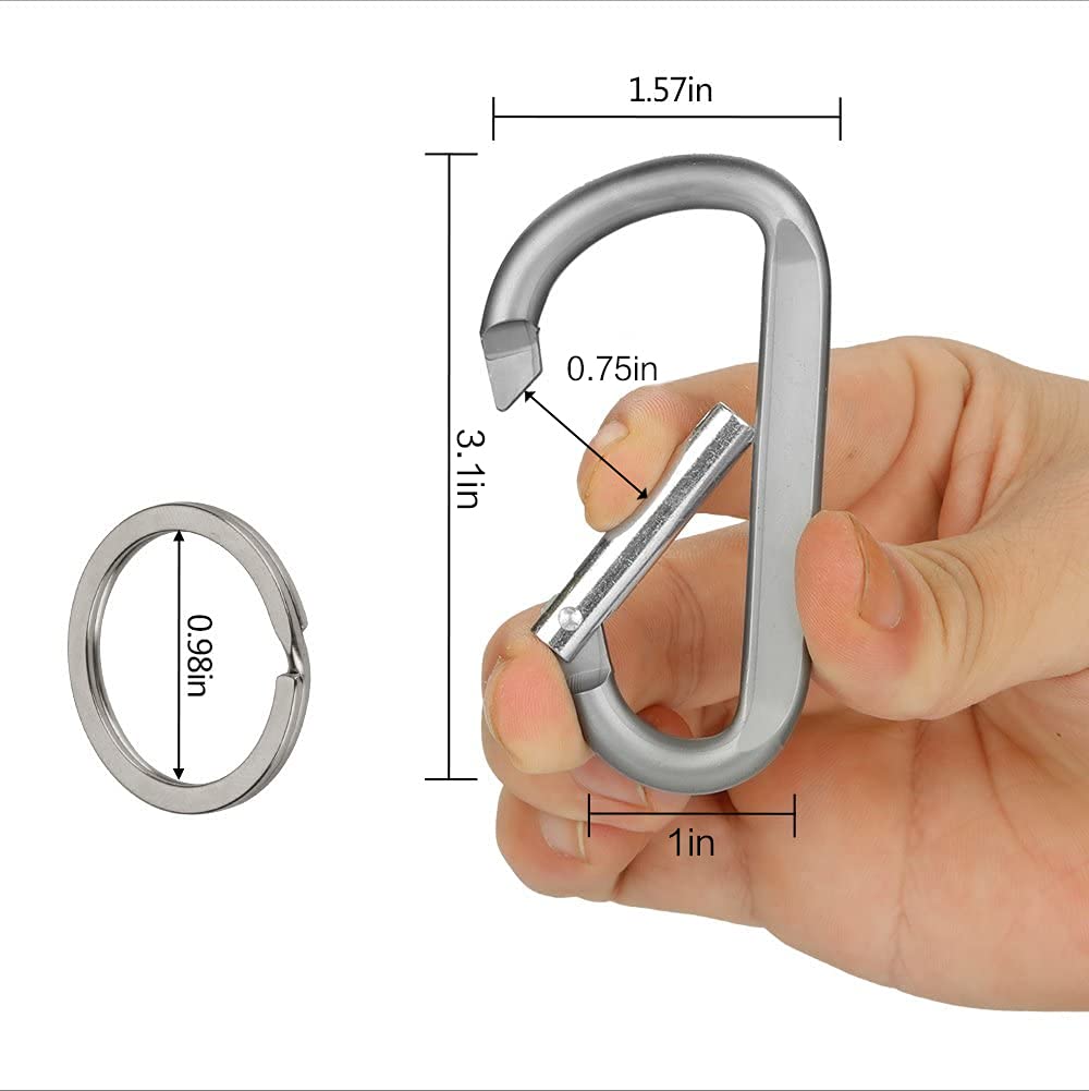 CampTek 6PCS Carabiner Caribeaner Clip,3" Large Aluminum D Ring Shape Carabeaner with 6PCS Keyring Keychain Hook (Black + Grey)"