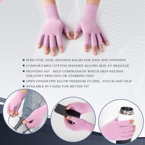 2 Pairs Arthritis Compression Gloves for Women Men, Fingerless Breathable & Moisture Wicking Compression Gloves for Relieving Carpal Tunnel Aches, Rheumatoid Pains, Joint Swell Purple S